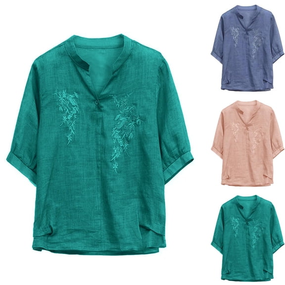 Neewe Linen Embroidered Womens Summer T-Shirts Short Sleeve Tops Loose Fit Casual Basic Shirts Spring Fashion Shirts
