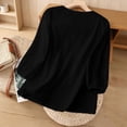 thumbnail image 6 of Lenpel Line Tops for Women Lantern 3/4 Length Sleeve V Neck Floral Embroidered Cotton T-Shirts Loose Tunic Blouses Dressy Casual Tees, 6 of 7