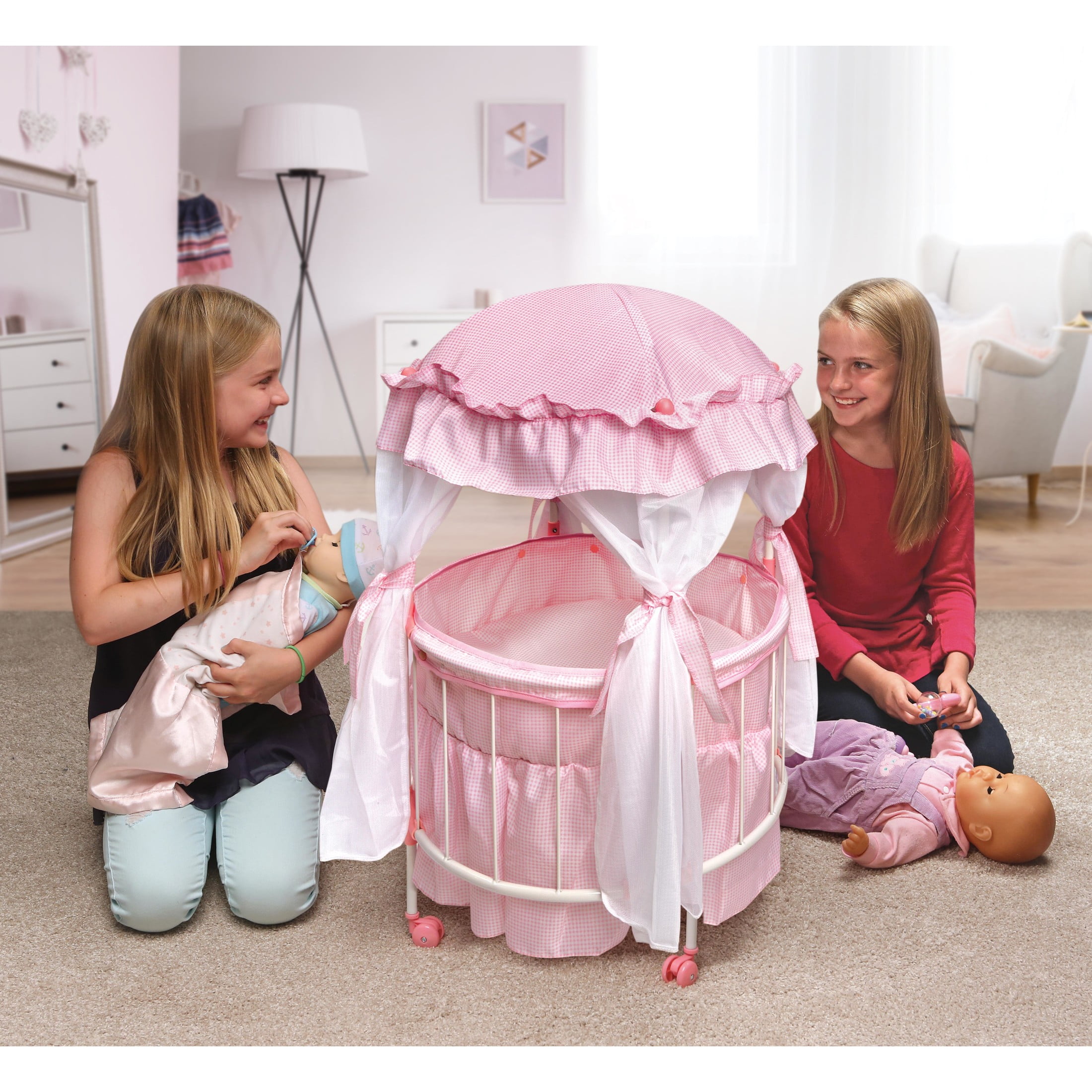 Royal Pavilion Round Doll Crib with Canopy and Bedding - Pink/White