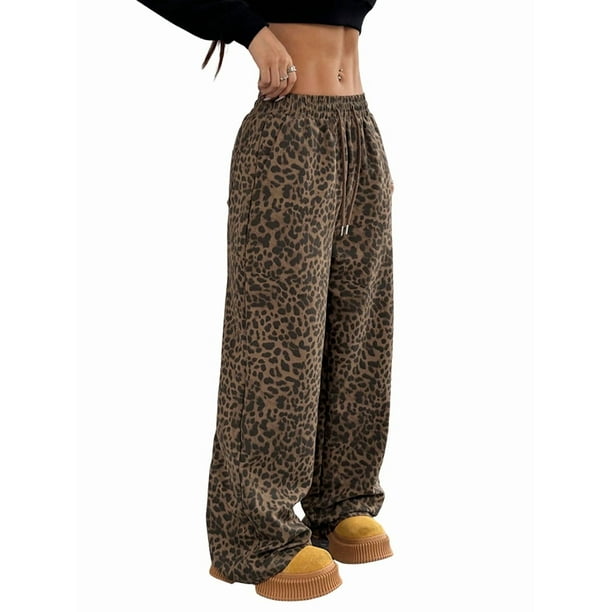 Pantalones Rectos con Estampado de Leopardo A Cuadros para Mujer, Cintura Elástica, Estilo Y2K, con Bolsillos. Leopardo Profundo M