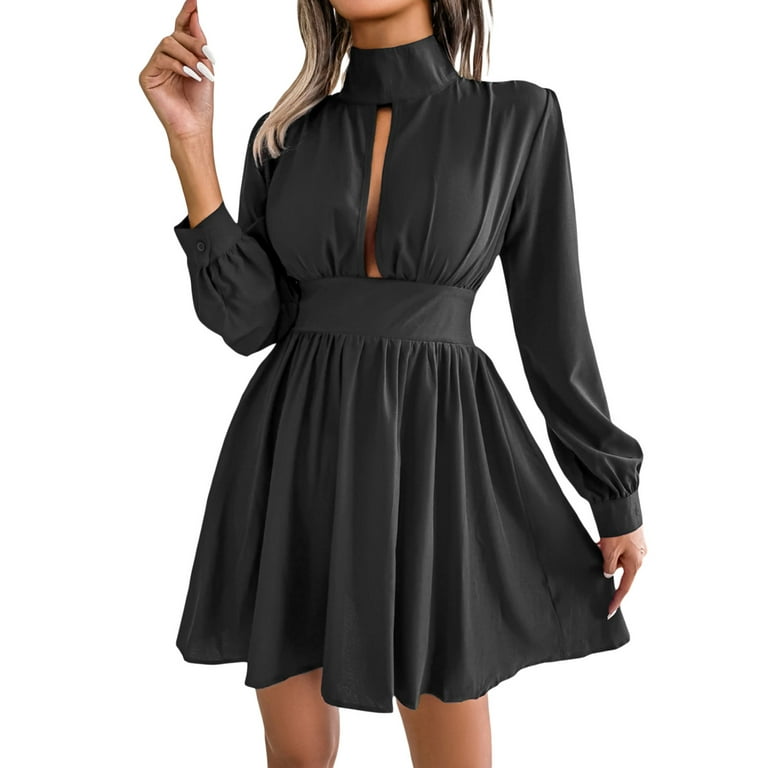 Eyicmarn Women Long Sleeve Dress, Solid Color Mock Neck Hollow-Out Back  Buttons High Waist Leisure Style Loose Fit One-Piece