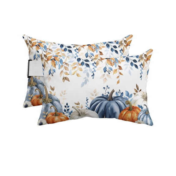 Pack of 2 Outdoor Lumbar Pillow Covers 12x20 Inch, Thanksgiving Fall Waterproof Throw Pillow Covers Set, Blue White Orange Pumpkin Leaves Indoor&Outdoor Decorative Cushion Cases for Patio Porch Car