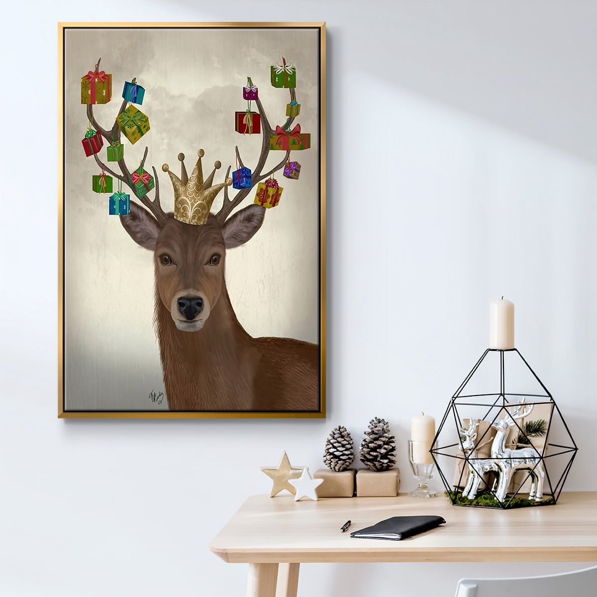 Christmas Gift Bearing Deer - Framed Gallery Wrapped Holiday Canvas - 25 x 37 - Gold Frame