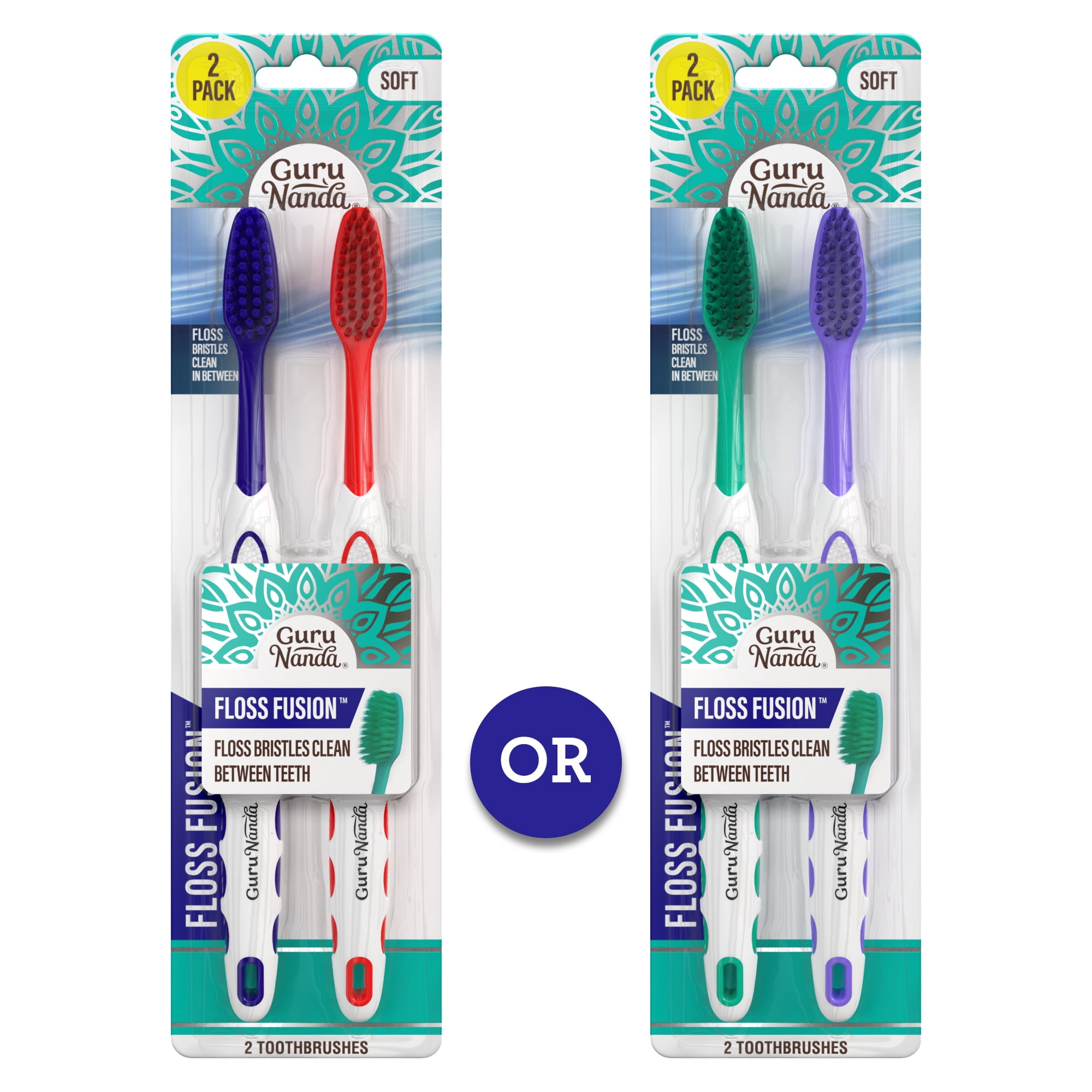GuruNanda Floss Fusion Toothbrush, Dual Action Flossing Bristles, BPA & PFAS-Free, 2 Count