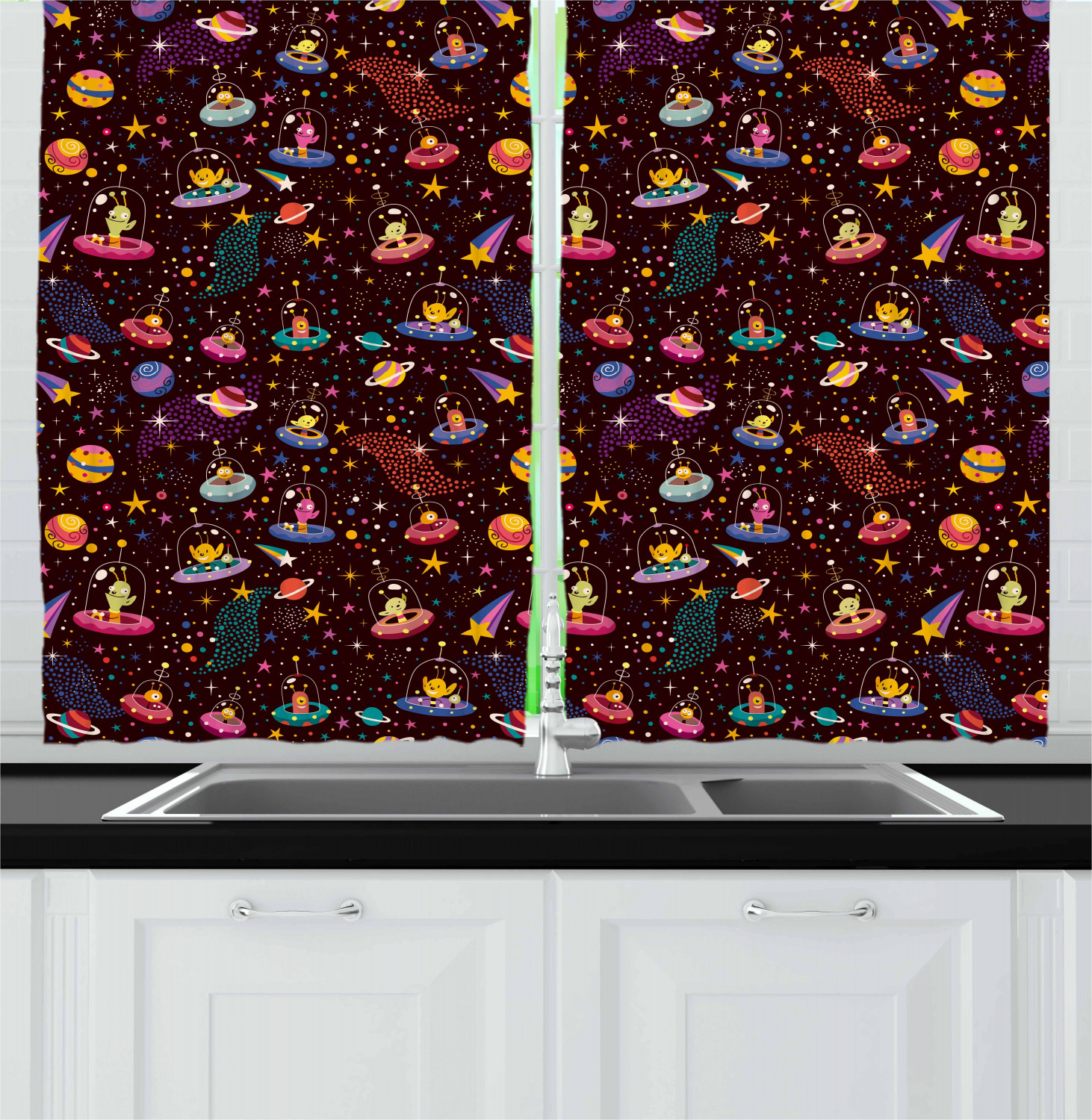 Space Curtains 2 Panels Set, Cosmos Design with Shooting Stars and