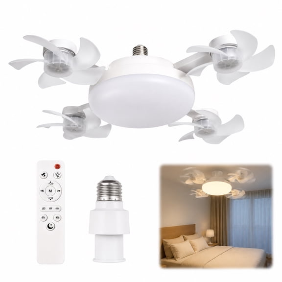 Socket Ceiling Fan Light, 2-in-1 LED Ceiling Fan with Remote Control, Dimmable Quiet Fan Light for Bedroom, Living Room, Office & Home