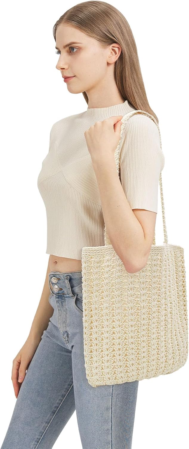 CAILDANL Boho Crochet Summer Handbag Handmade Cotton Rope Knit Shoulder Bags for Women Bohemia Tote for Travel