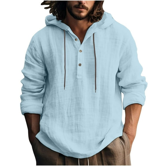 Mens Cotton Linen Hoodies Long Sleeve Button Pullover Sweatshirt Casual Drawstring Beach Hooded Sweatshirts Sky Blue L