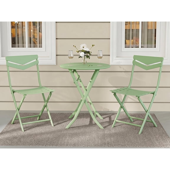 3-Piece Bistro Set Folding Patio Set with Round Table and 2 Chairs, Space-Saving Metal Outdoor Bistro Set for Balcony Porch Garden Apartment Indoor Outdoor Furniture