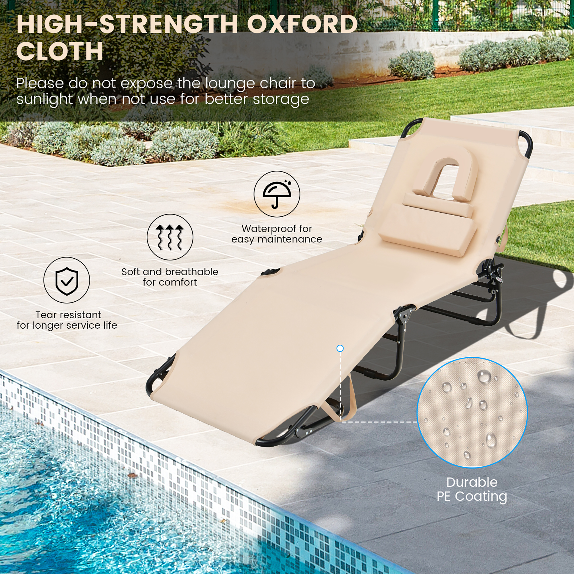 Costway 2 PCS Beach Chaise Lounge Chair with Face Hole Pillows & Adjustable Backrest Beige - image 4 of 10