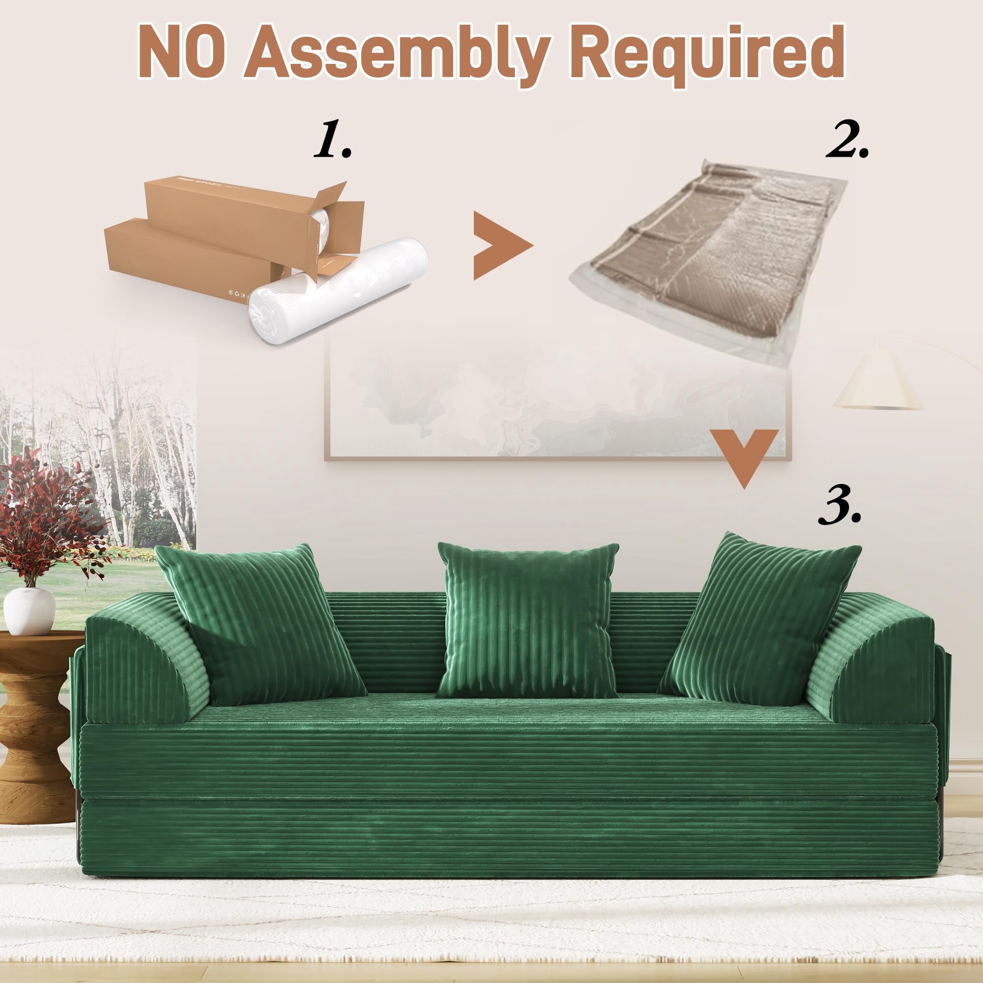 Blotout 5-in-1 Folding Convertible Sofa Bed with 3 Pillows, 79" Large Corduroy Boneless Couch with Armrest Pockets, Lounge Loveseat Sleeper with Pull Out Bed for Living Room Bedroom, Green
