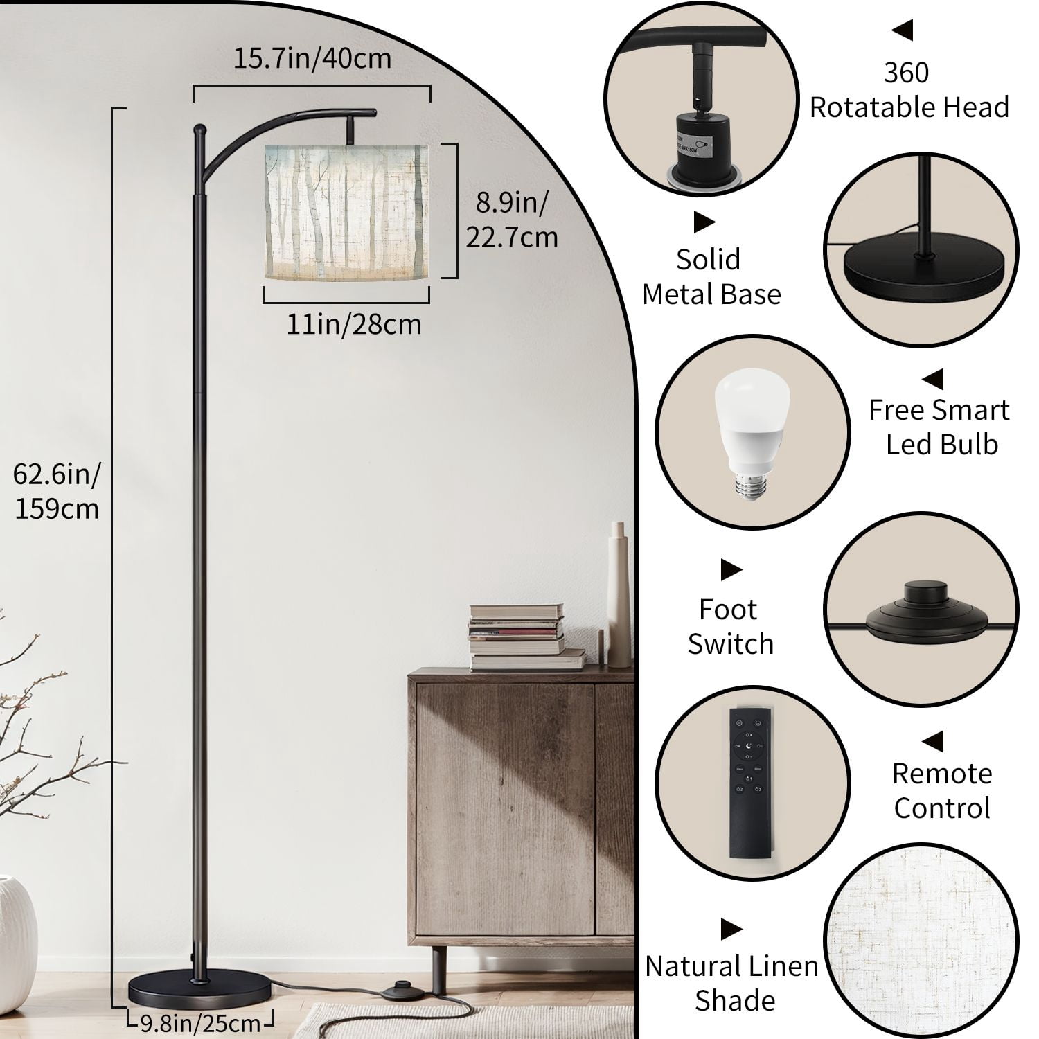 Arc Floor Lamp, 3 Color Temperatures Modern Floor Lamps Mysterious Birch Tree Taupe Adjustable Tall Standing Reading Lamp with Linen Texture Shade for Living Room, Bedroom, Office