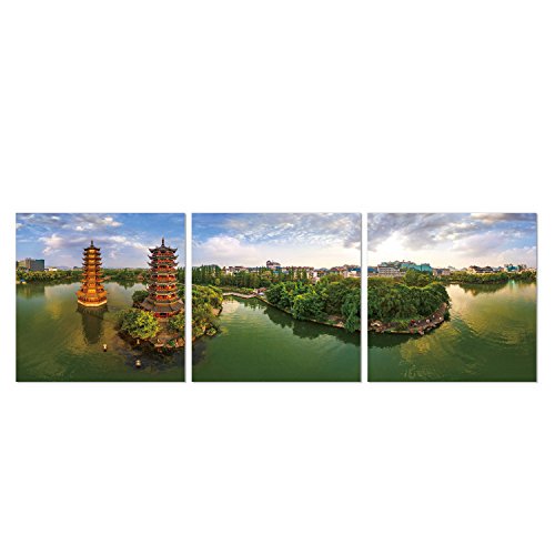 Furinno Senia Imprimé Triptyque Photographie MDF 3 Panneaux Soleil & Lune, 48 Pouces x 16 Pouces, Pagodes Jumeaux