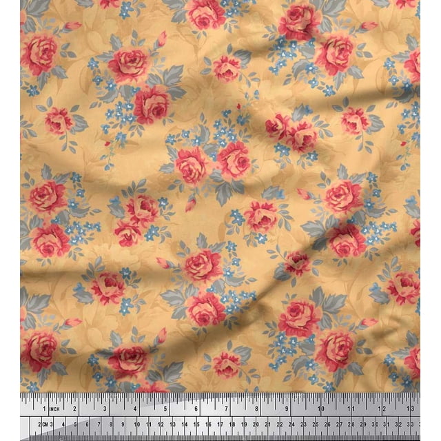Soimoi Tissu Poly Georgette Feuilles & Roses Imprimé Floral 1 Yard 52 Pouces de Large