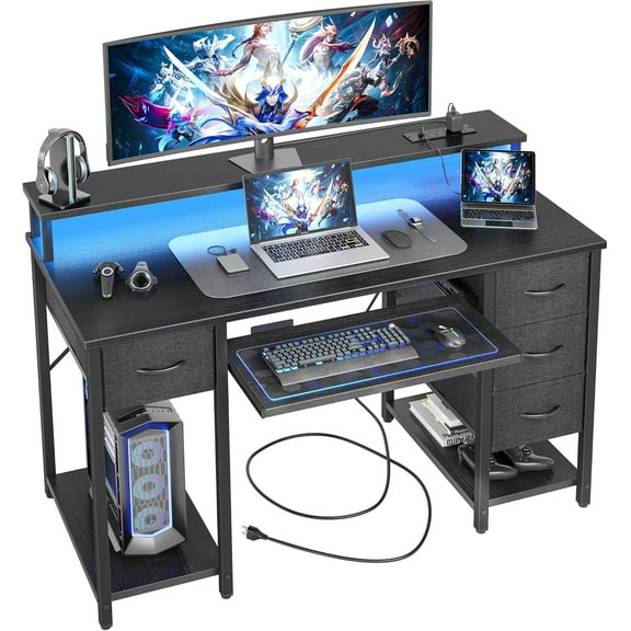 Computer Desk with Drawers and Power Outlets, 47 Inch Gaming Desk with LED Lights, Home Office Desk with Monitor Stand and Keyboard Tray, Study Writing Work Desk for Home Office, Black