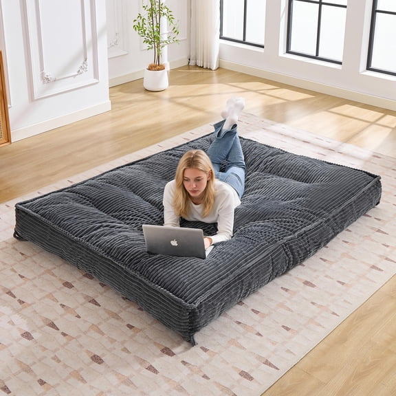 Grey 3-in-1 Giant Convertible Bean Bag Chair, Plush Floor Lounger & Futon