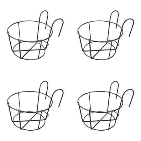 Hanging Railing Planter 4 Pack Flower Pot Holder Iron Rack Fence Metal Potted Stand for Balcony Round Basket Shelf Container Box for Indoor and Outdoor Use Garden Pot Holder 9.45