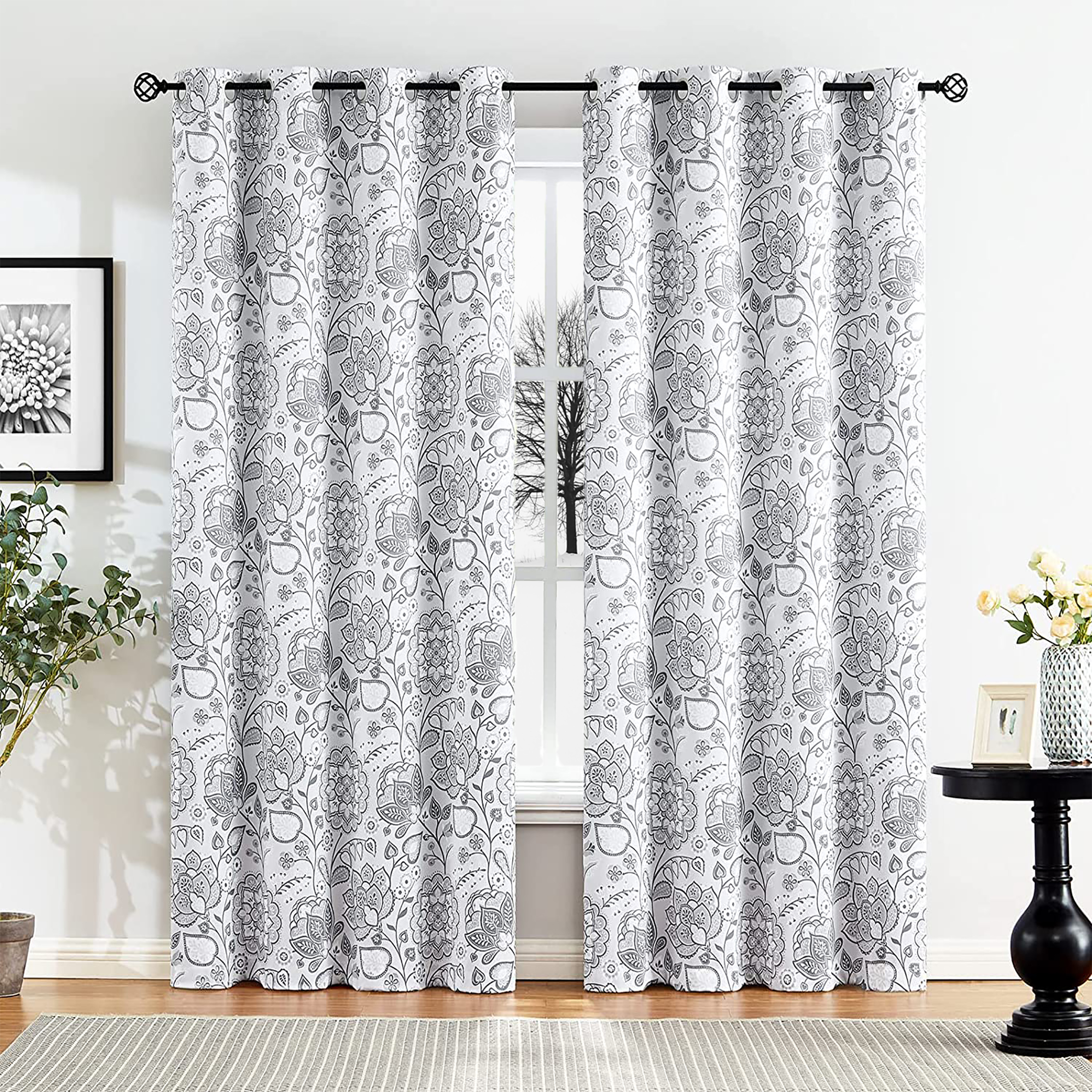 Decoultimatex Grey Full Blackout Curtains Jacobean Floral window curtains for Living Room, 50'w x84'L, 2pcs, Grommet Top