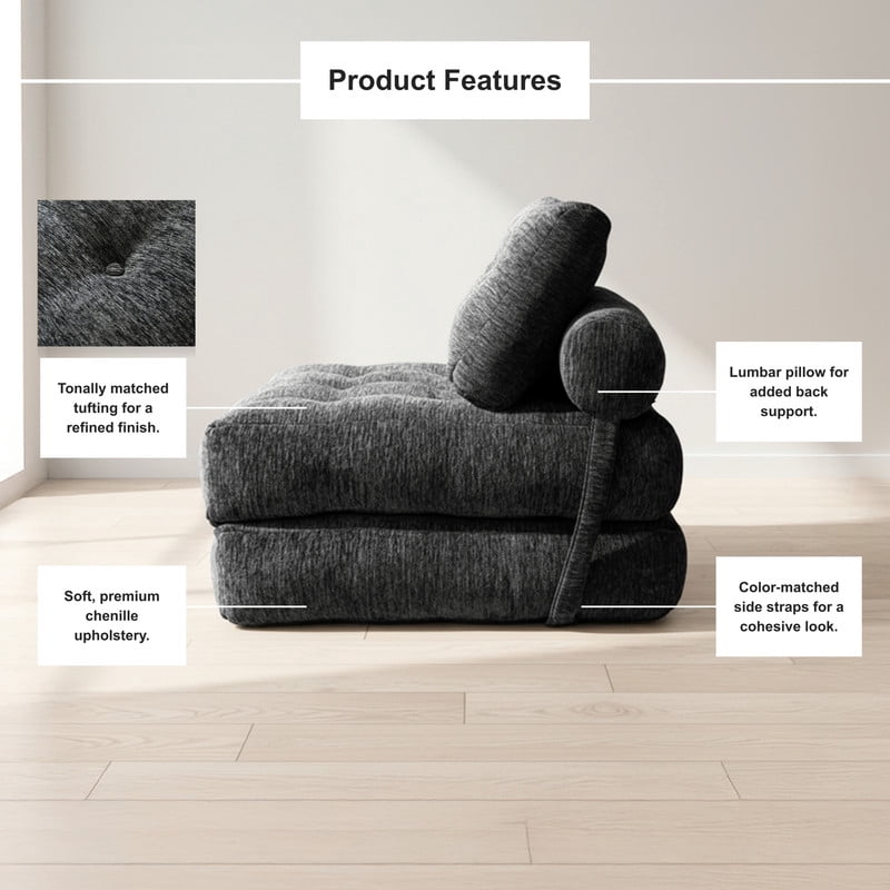 Oak and Birch Boneless Folding Sofa Bed, Convertible Floor Futon Chaise Lounge & Sleeper Bed, Shredded Foam Floor Couch for Living Room, Bedroom, Kids Room, Apartment, Chenille, Charcoal