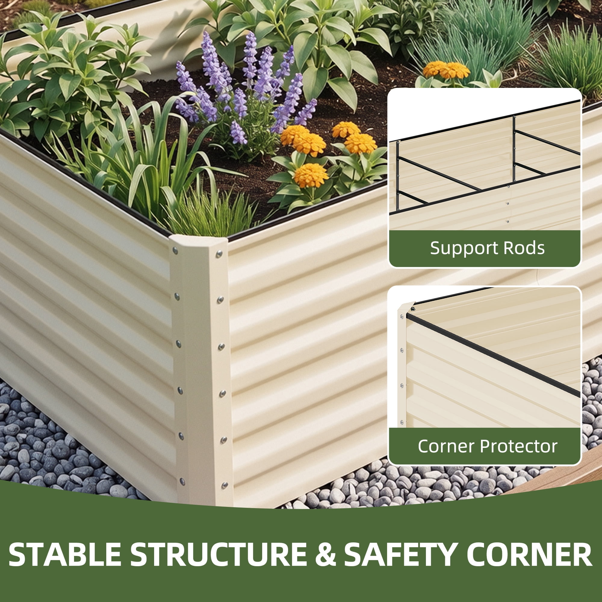 Uforic Galvanized Raised Garden Bed Kit, Metal Planter Box with Gloves, Metal Raised Garden Beds for Vegetables,Cream,8x4x2ft