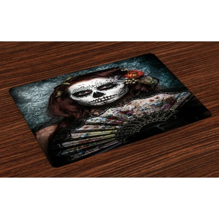Day Of The Dead Placemats Set of 4 Make up Artist Girl with Dead Skull Scary Mask Roses Artwork Print, Washable Fabric Place Mats for Dining Room Kitchen Table Decor,Cadet Blue Maroon, by Ambesonne