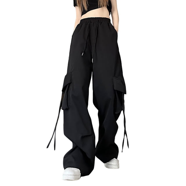Fgnfyis 2025 Pantalon Cargo Femme Coupe Décontractée Ample Noir Taille Haute Fermeture Éclair Mince Cordon de Serrage avec Poches Ample Grande Taille Pantalon Parachute Cargo Femme Noir P