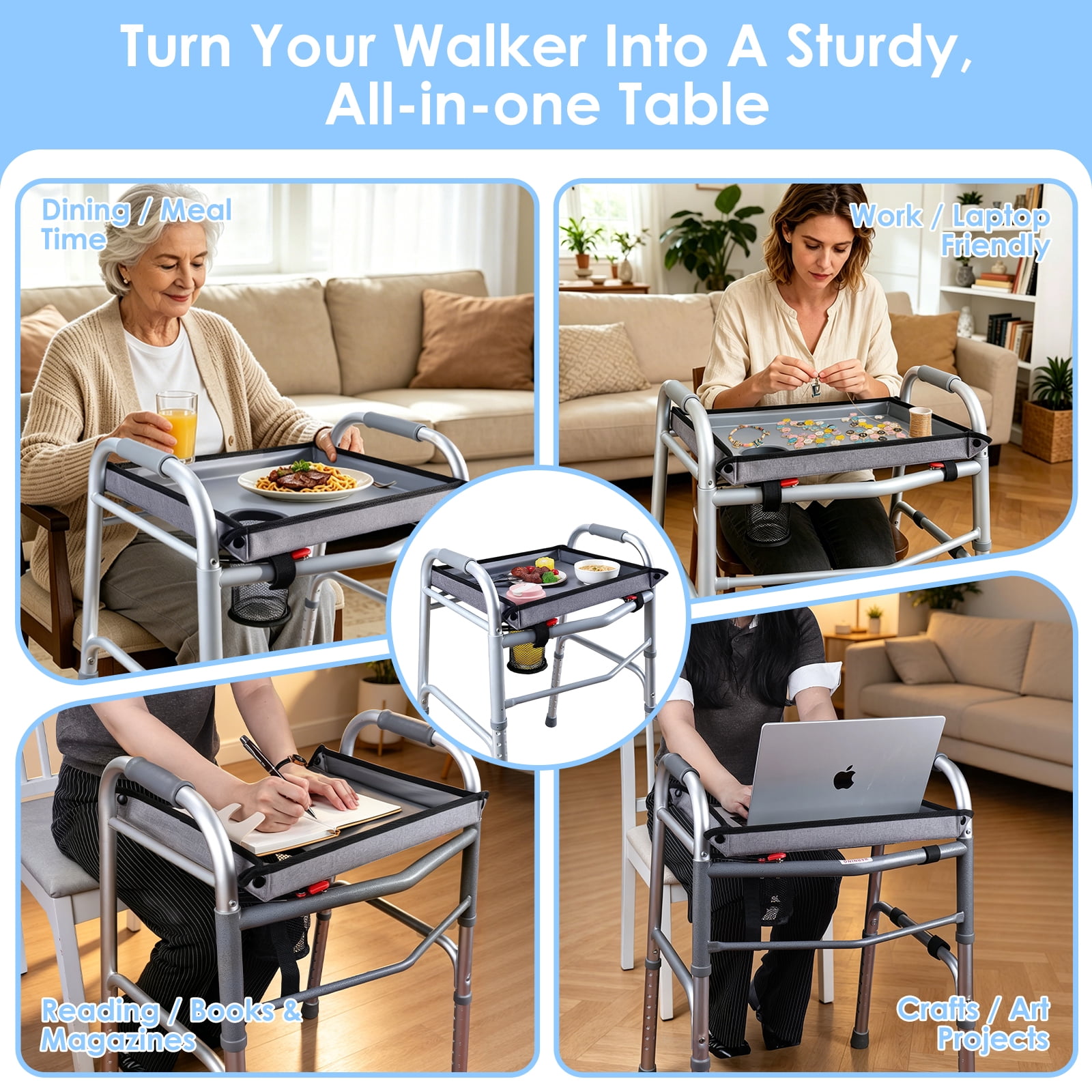 Walker Tray for Folding Walker - Trays for Walkers for Seniors with Cup Holders & Non-Slip & Multiple Front Pockets, Walkers Accessories Basket and Bag Tray for Elderly, Easy Assembly