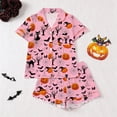 thumbnail image 2 of CUZIBR Girls Outfits Sets Halloween Pumpkin Bat Cat Print Lapel Button Short Sleeve Pajama Top Matching Shorts Two Piece Kids Sleepwear Set,Pink,7-8 Years, 2 of 9