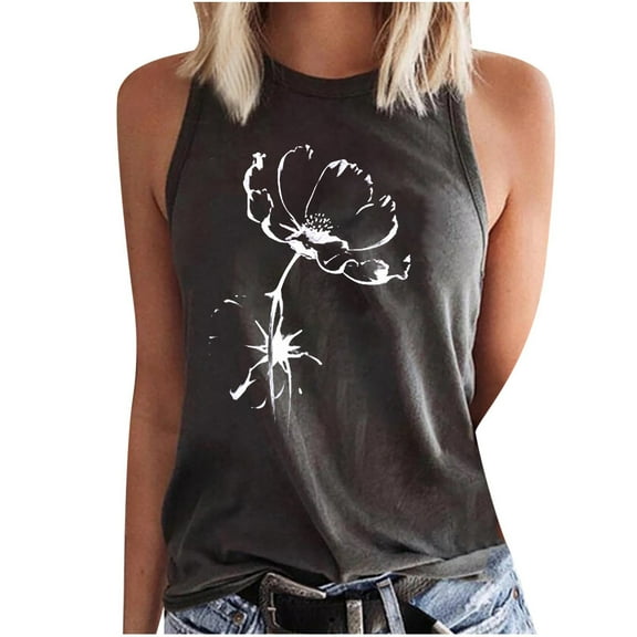 Babysbule Womens Tank Tops Summer Women Floral Printing Tank Fit Round-Neck Sleeveless Block Shirts Tunic Tee Tops