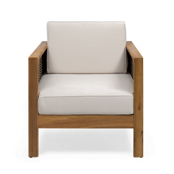 Lisonu Outdoor Acacia Wood Club Chair with Wicker Accents, Teak Finish Mixed Brown Beige, 30.25"D x 27.5"W x 23.75"H