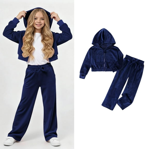 Girls Athletic Outfits Navy Girls Velour Tracksuit Zip Up Cropped Top Sweatpants Set Girls Clothes Size 7-8 Years