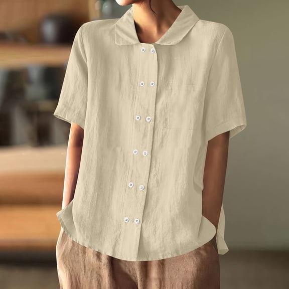 Womens Tops Dressy Casual Ladies' Cotton And Linen Shirt 2025 Solid Color Loose Double Breasted Lapel Casual Short Sleeved Blouse