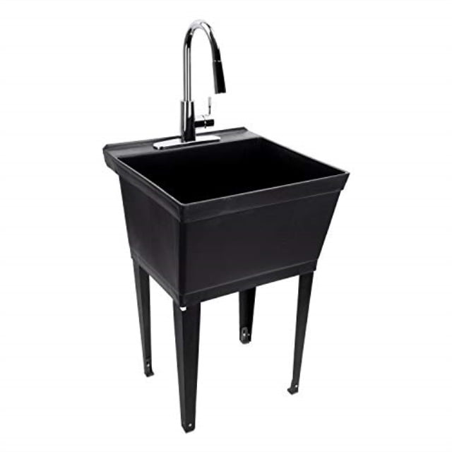 Black Utility Sink Laundry Tub With High Arc Chrome Kitchen Faucet By Maya Pull Down Sprayer Spout Heavy Duty Slop Sinks For Washing Room Basement Garage Or Free Standing Wash - Laundry Tub Bathroom Sink