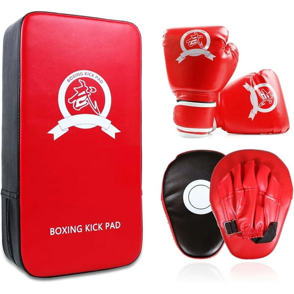 CYFIE Adult Curved Polyurethane (PU) Boxing Gloves Kit with Kick Pad, Punching Mitts for Blocking, Red, 5 Piece
