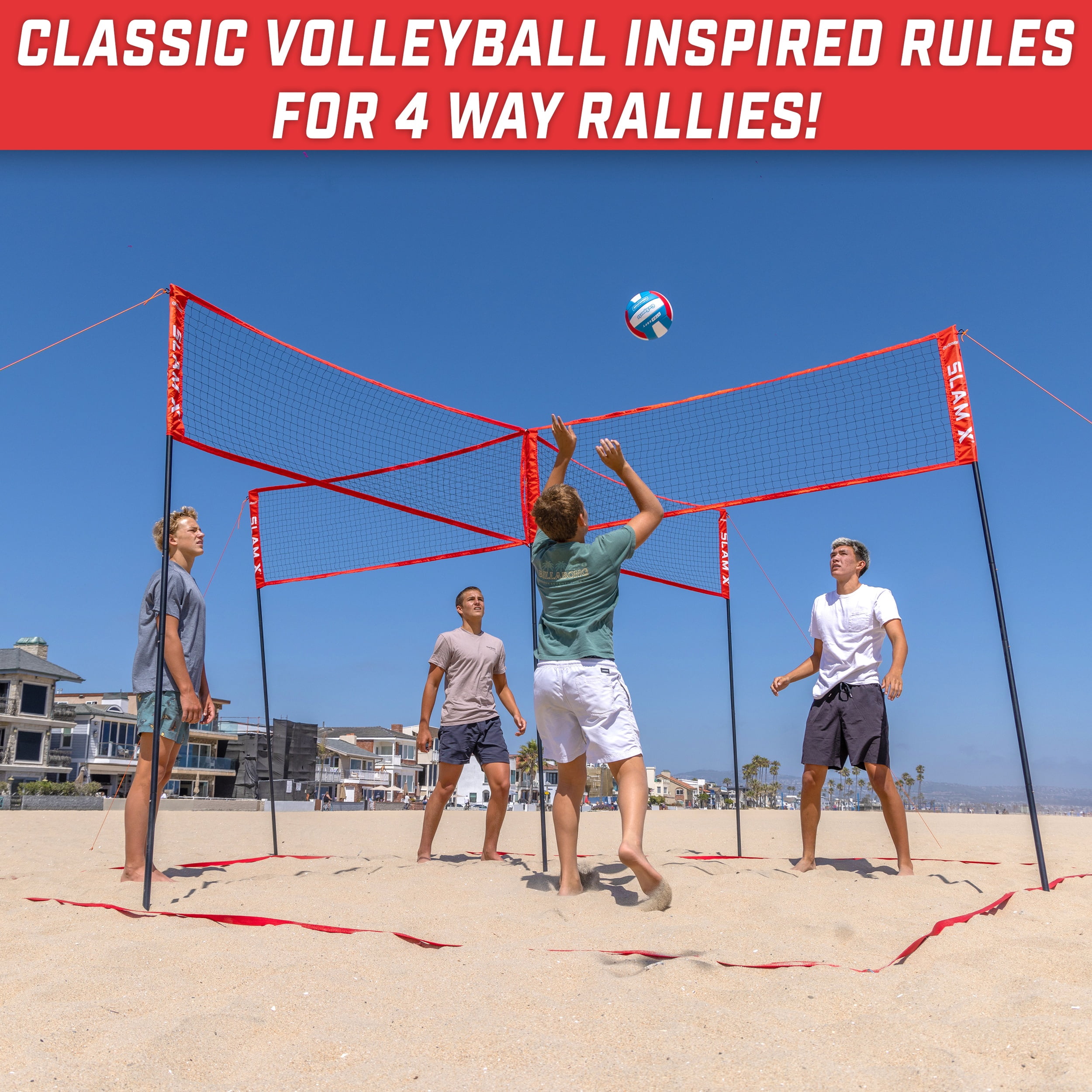 GoSports Slam X 4 Square Volleyball Game Set - Ultimate Backyard & Beach Game for All Skill Levels - 14 x 14 ft