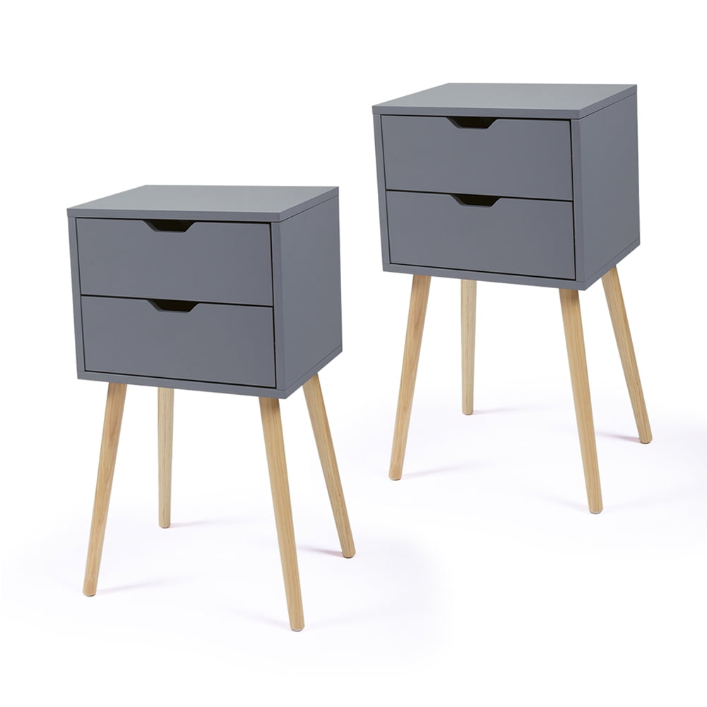 Kepooman 2 Pieces Drawer Chest for Living Room, Modern Design Nightstand for Bedroom, Solid Wood End Table for Hallway, Grey