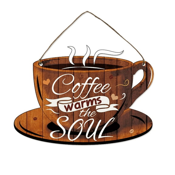 1Set Coffee Decor Sign Coffee Hanging Wall Sign Plaque Rustic Cafe Wall Decor with Word Coffee Warms The Soul for Coffe Bar Tea Shop Store Window Restaurants Decoration 17.5×24.5cm
