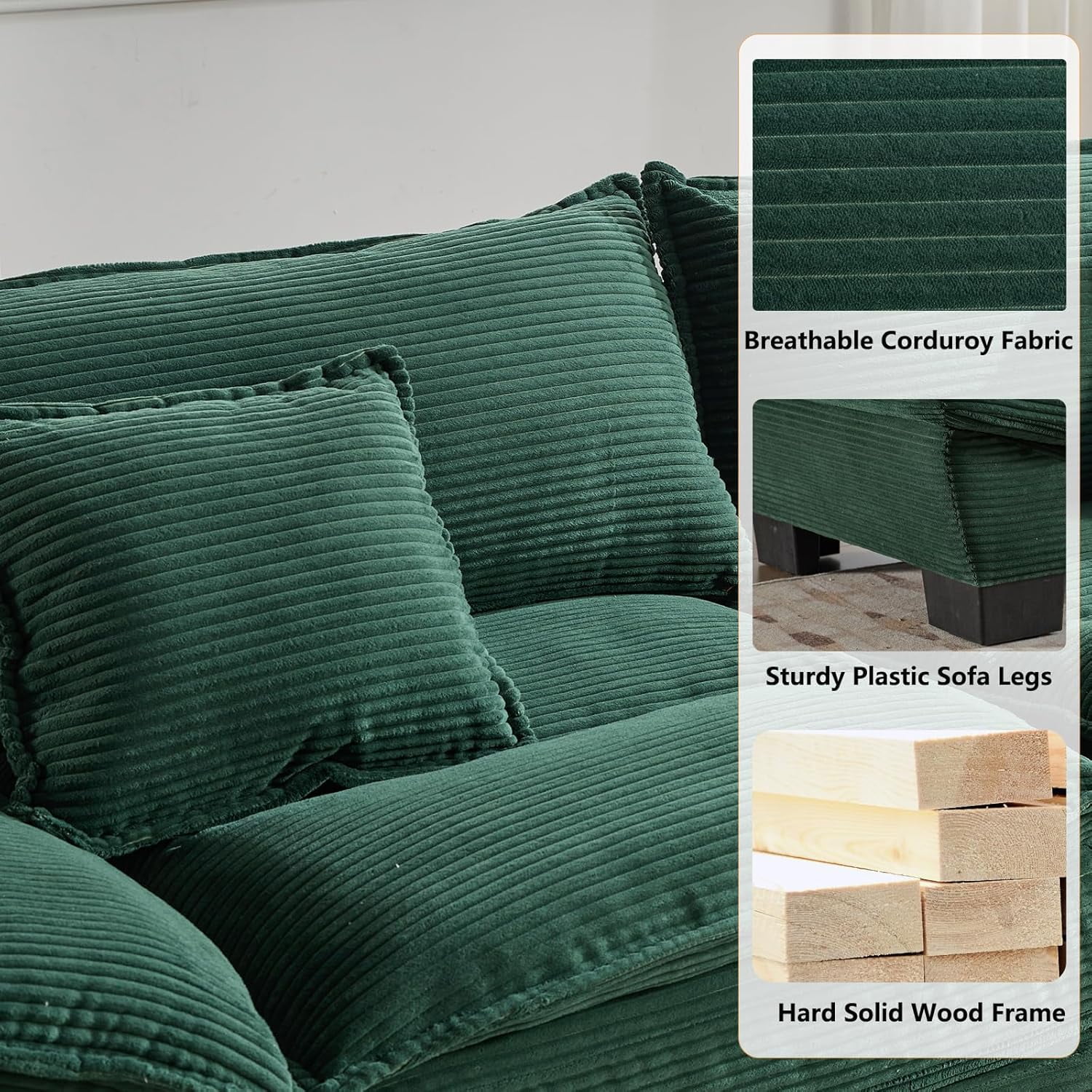 AENKYO 84" Corduroy Loveseat Sofa with Pillows, Modern 2-Seater Couch for Living Room,Green