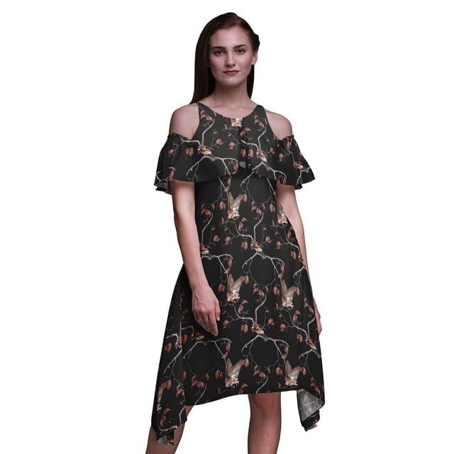 Bimba Black Bird Print Flutter Sleeve Womens Party Tunic Cold Shoulder Midi Dress - Large
