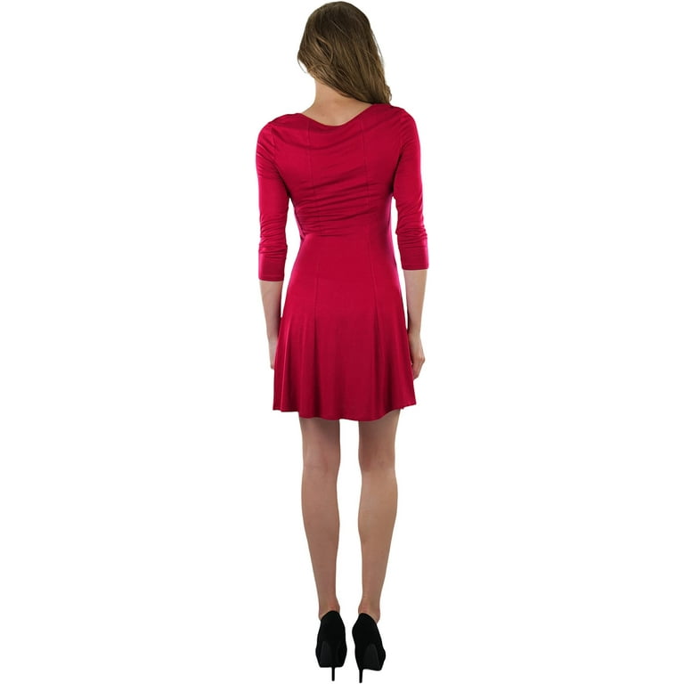 ToBeInStyle Classsic Fit Skater Dress with 3/4 Sleeves Burgundy