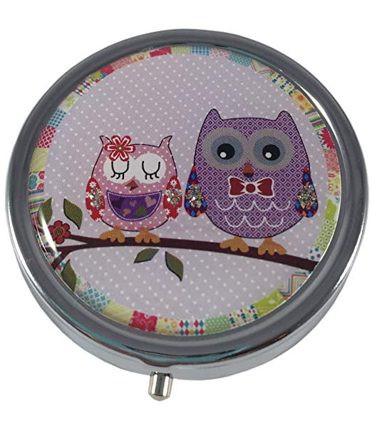 Pretty Owls Silver Three Compartment Round Pocket/Purse/Travel Pill Box- Purple