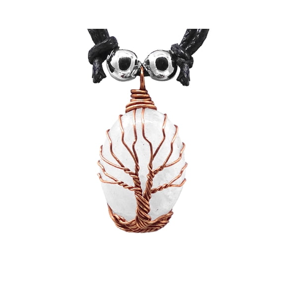 Tree of Life Metal Wire Wrapped Oval Healing Gemstone Crystal Cabochon Pendant Adjustable Necklace - Womens Fashion Handmade Jewelry Boho Accessories