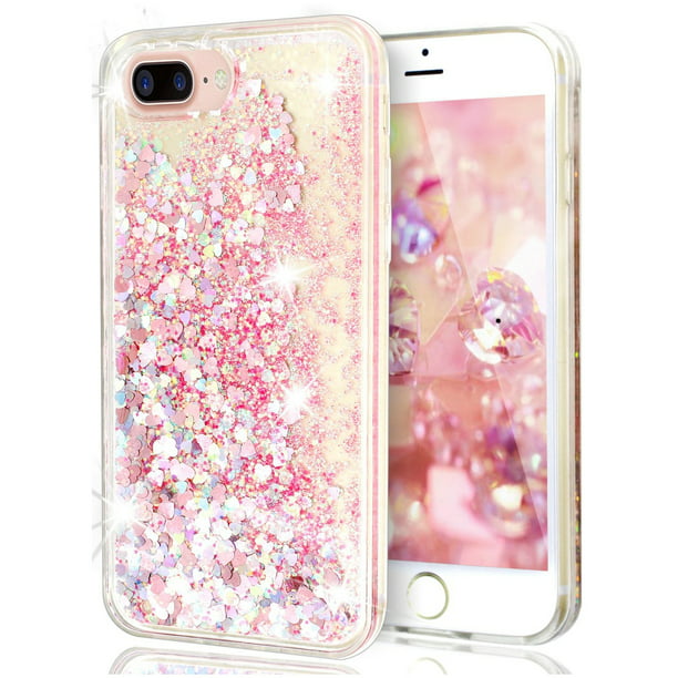 For iPhone 6 4.7" iPhone 6s 4.7" Pink Floating Hearts Liquid Waterfall Sparkle Glitter Quicksand Case -