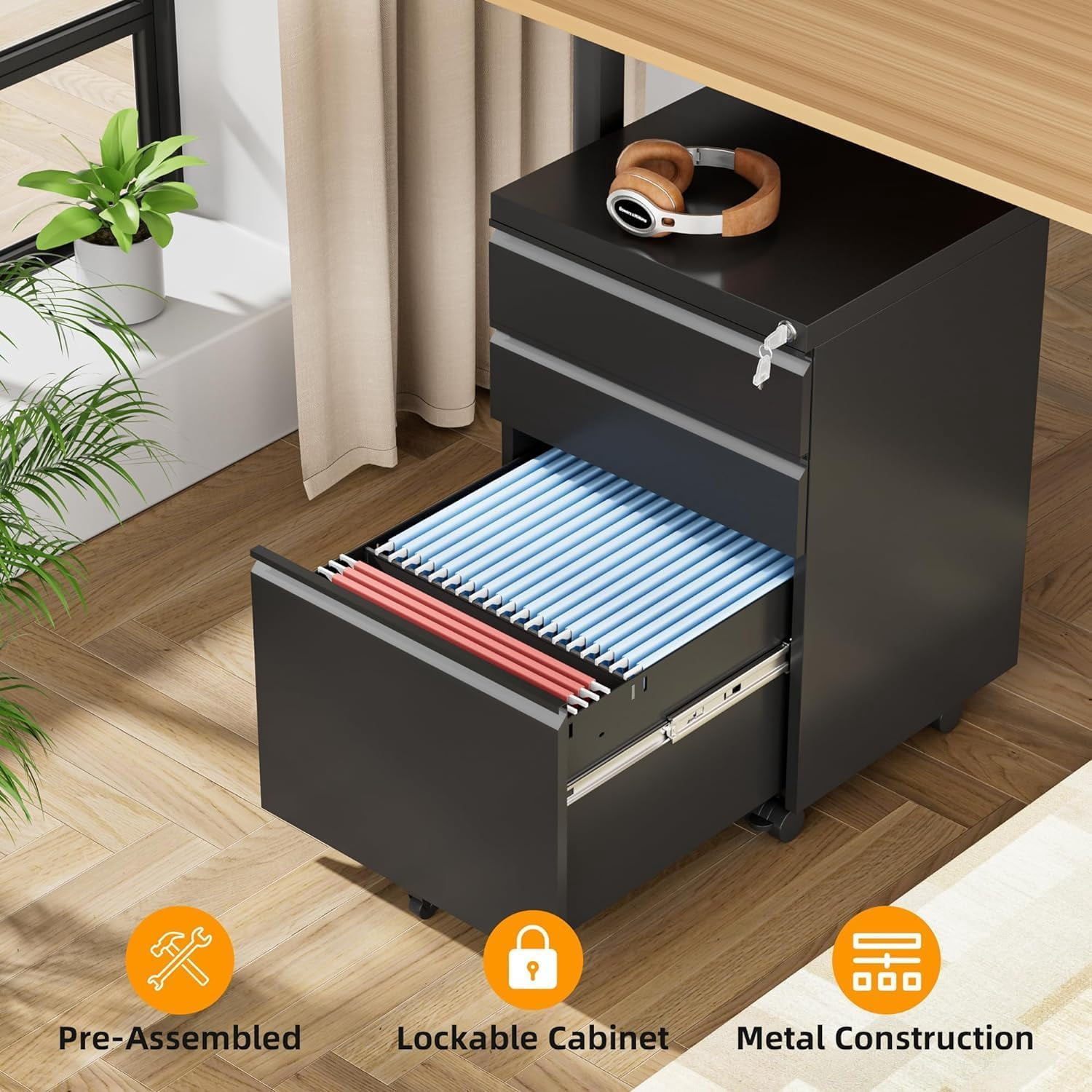 SOLAURA 3 Drawer Mobile File Cabinet with Lock & Wheels, Fully Assembled Rolling Filing Cabinet Except Casters, Under Desk Metal Storage for Office, Fits Legal/Letter/A4 Size(Assembled, Black)