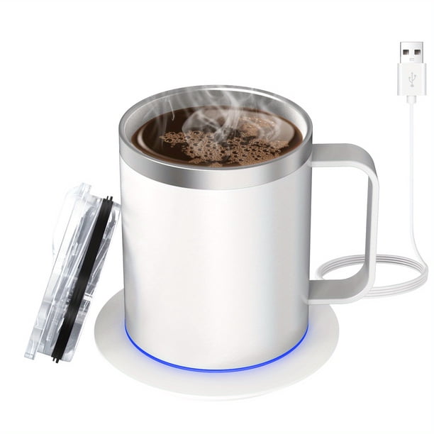 Juego Calentador Eléctrico de Tazas de Café | Taza de Acero Inoxidable con Base de Calentamiento y Tapa, Inteligente para Calentar Leche,