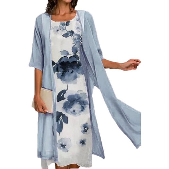 CHOK Ensemble Deux Pièces pour Femmes Robe Midi à Imprimé Floral avec Cardigan en Mousseline Sans Manches Grande Taille Robes d'Invitée de Mariage Robes de la Mère de la Mariée 2022