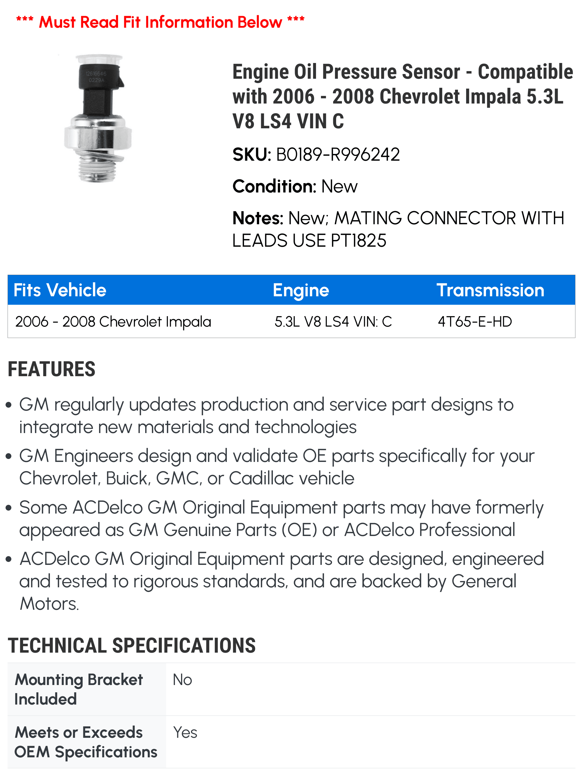Engine Oil Pressure Sensor - Compatible with 2006 - 2008 Chevy Impala 5.3L V8 LS4 VIN C 2007