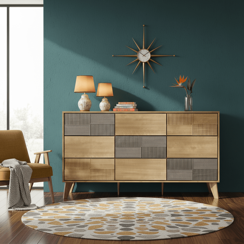 Danpinera Home 55" Wooden Dresser for Bedroom, 9 Drawer Double Dresser with Fluted Front, Mid Century Modern Push-to-Open Chest of Drawers, Dark Wood