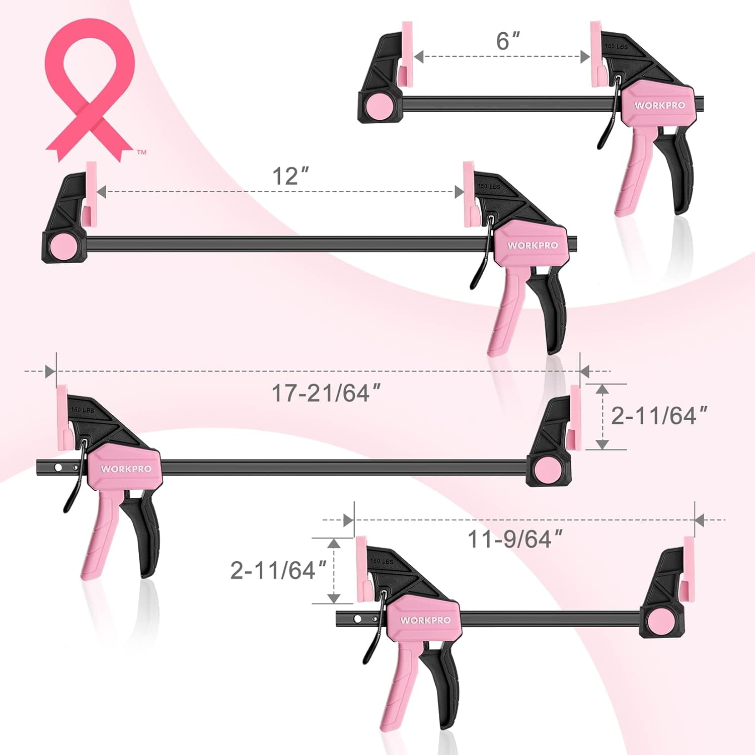 WORKPRO One-Handed Bar Clamps Set, 6-Pack (4PC 6" & 2PC 12"), Light-Duty Quick-Change F Clamps with 150 lbs Load Limit, Pink Ribbon
