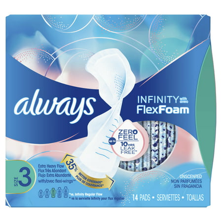 ALWAYS Infinity, Size 3, Extra Heavy Sanitary Pads with Wings, Unscented, 14 (Best Sanitary Pads For First Period)